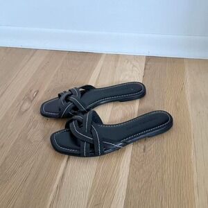 Veronica Beard Black Leather Slide Sandals Size 37 | Woven Strap Flat Sandals